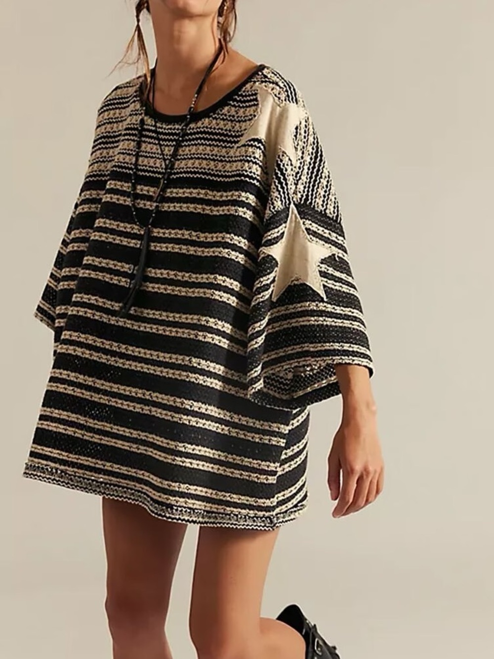Free People Black and Cream Striped Star Knit Top